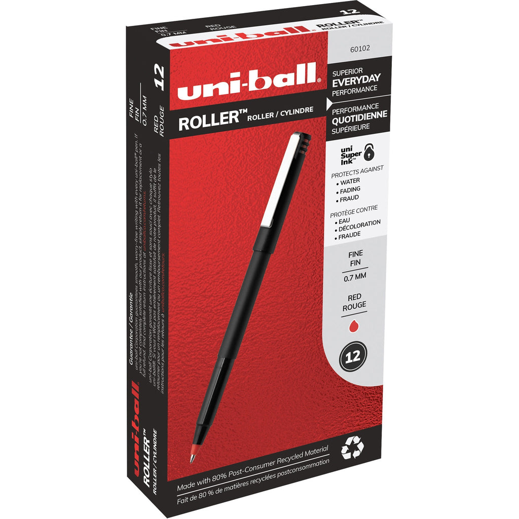 Roller Ball Pen, Stick, Fine 0.7 mm, Red Ink, Black/Red Barrel, Dozen