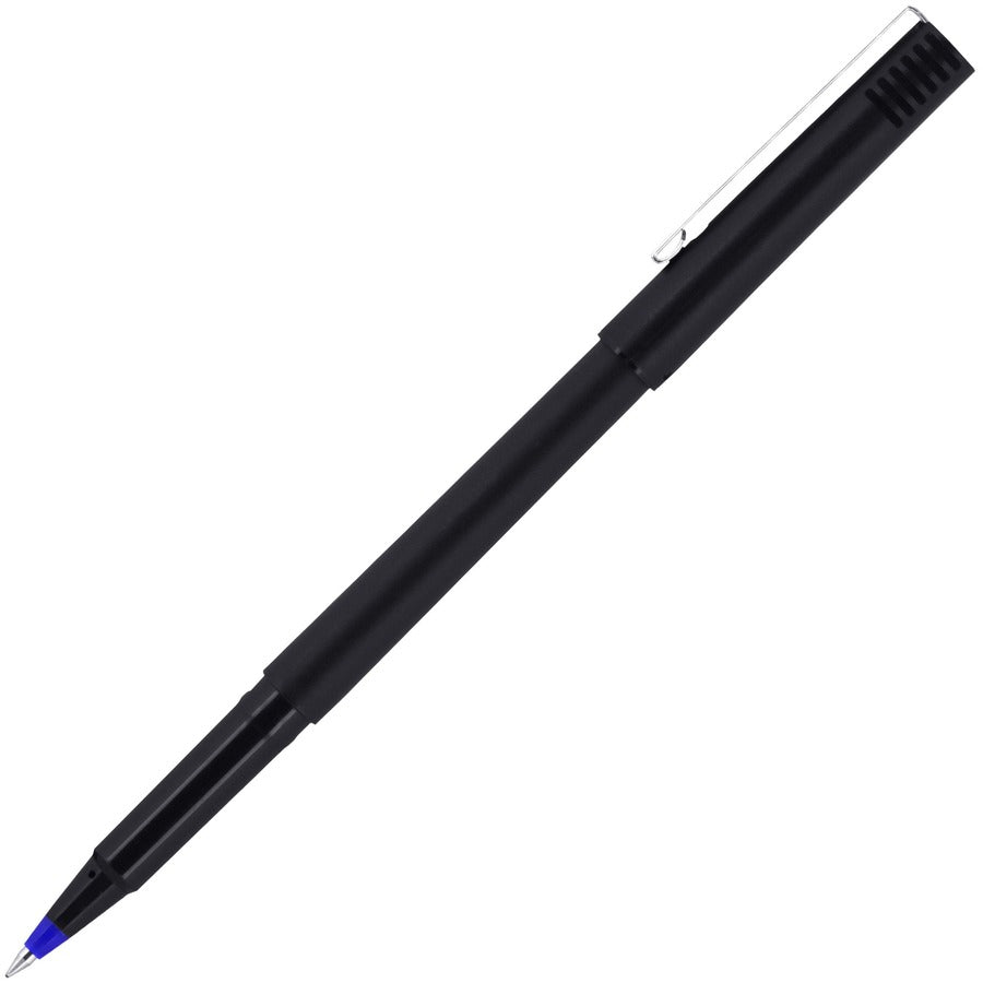 Roller Ball Pen, Stick, Fine 0.7 mm, Blue Ink, Black/Blue Barrel, Dozen