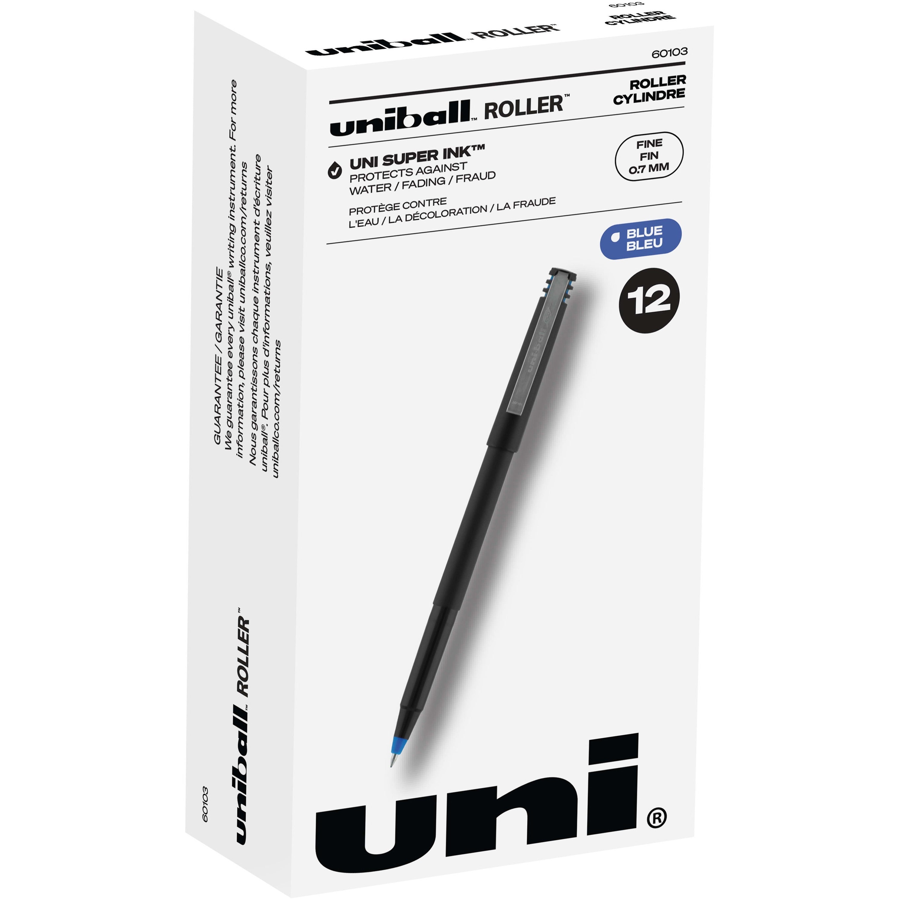 Roller Ball Pen, Stick, Fine 0.7 mm, Blue Ink, Black/Blue Barrel, Dozen