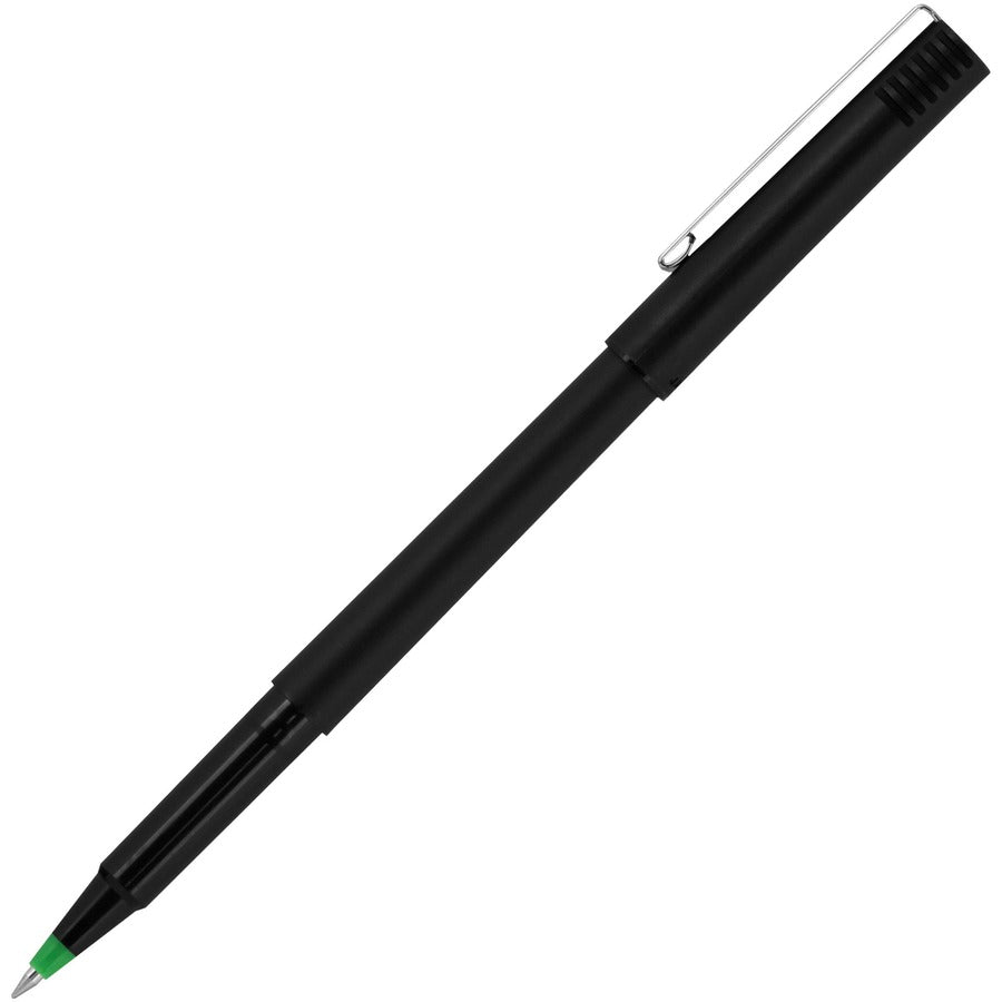 Roller Ball Pen, Stick, Fine 0.7 mm, Green Ink, Black/Green Barrel, Dozen