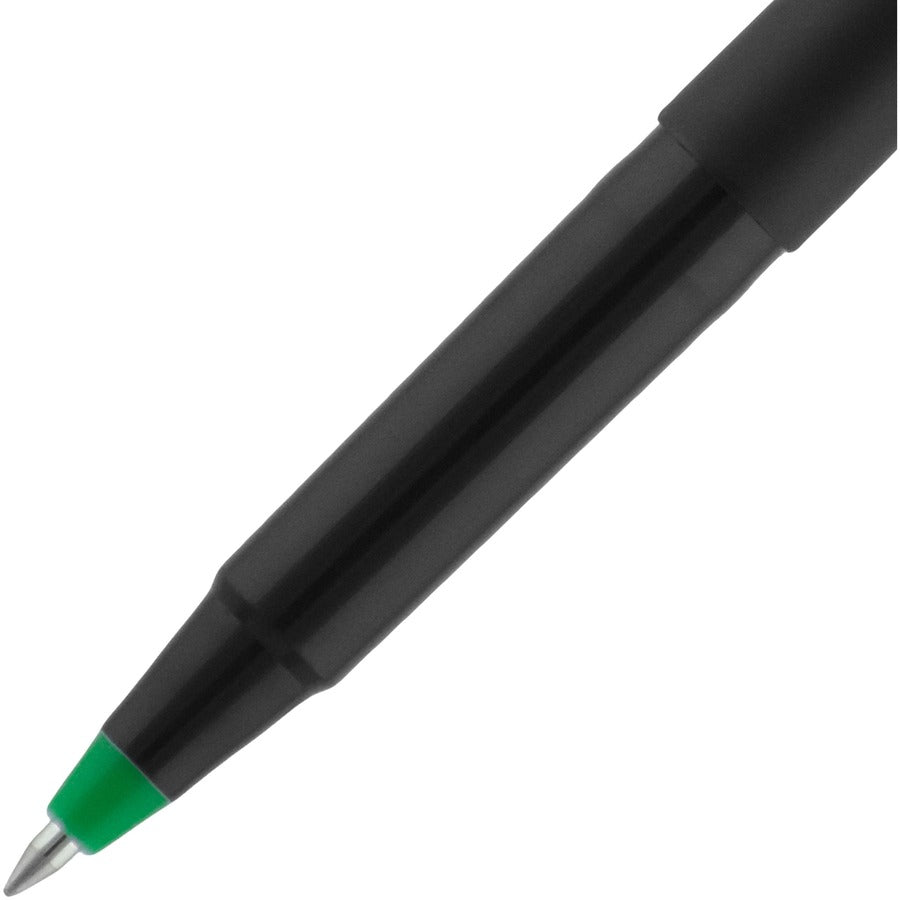 Roller Ball Pen, Stick, Fine 0.7 mm, Green Ink, Black/Green Barrel, Dozen