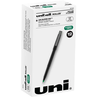Roller Ball Pen, Stick, Fine 0.7 mm, Green Ink, Black/Green Barrel, Dozen
