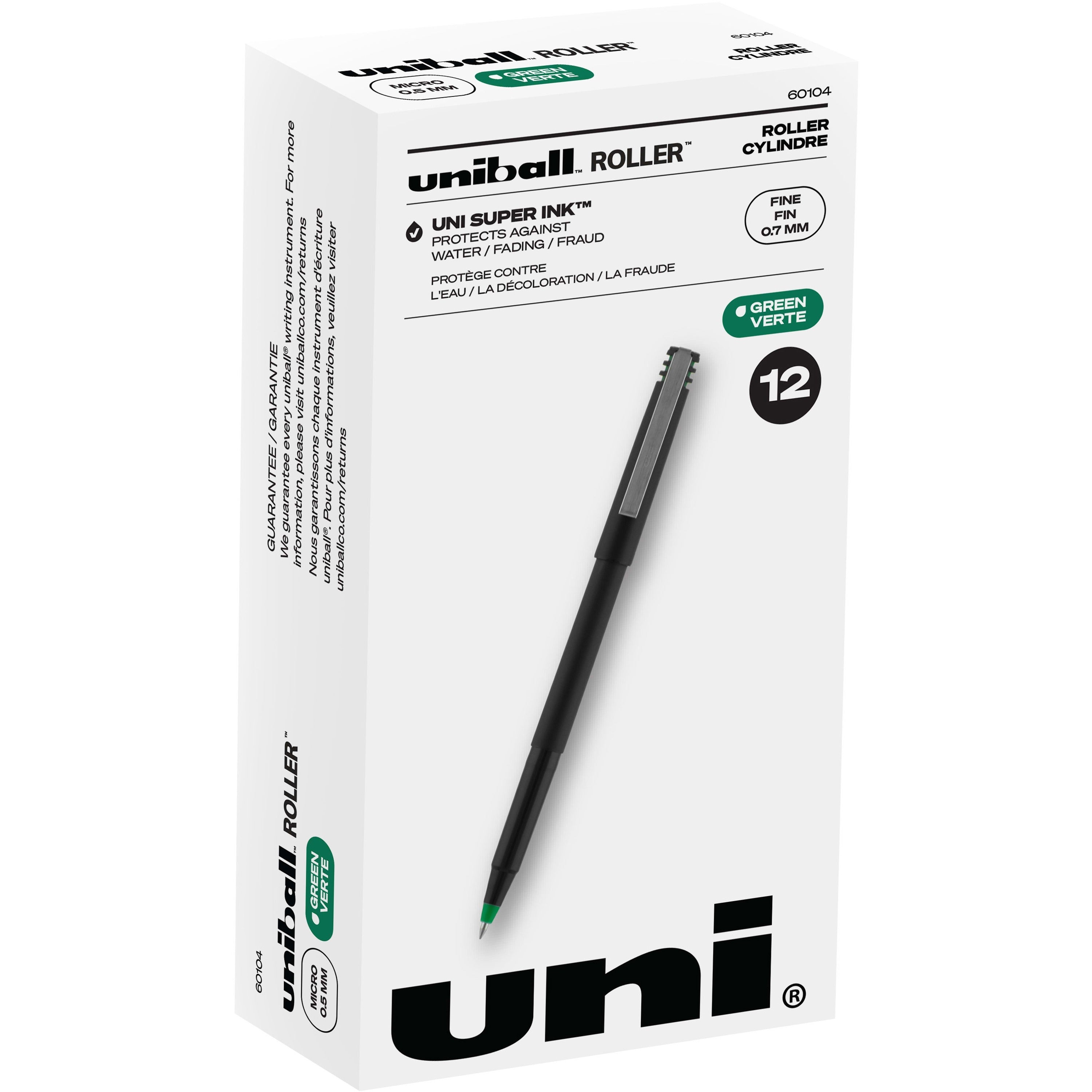 Roller Ball Pen, Stick, Fine 0.7 mm, Green Ink, Black/Green Barrel, Dozen