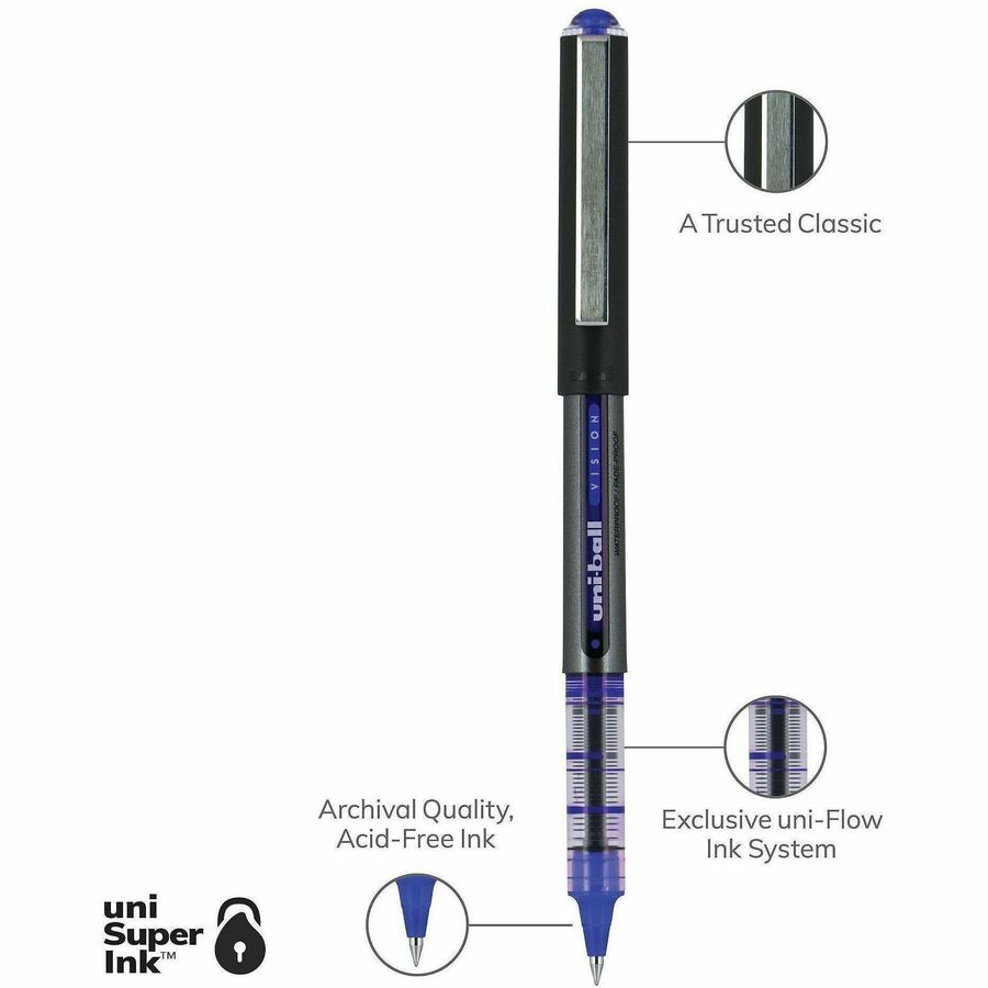 uni-ball - Vision Roller Ball Stick Water-Proof Pen, Blue Ink, Micro, Dozen, Sold as 1 DZ