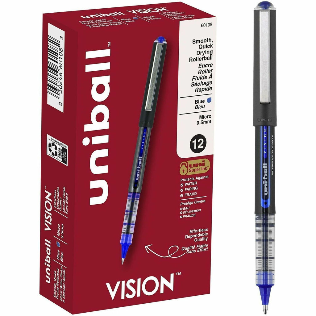 uni-ball - Vision Roller Ball Stick Water-Proof Pen, Blue Ink, Micro, Dozen, Sold as 1 DZ