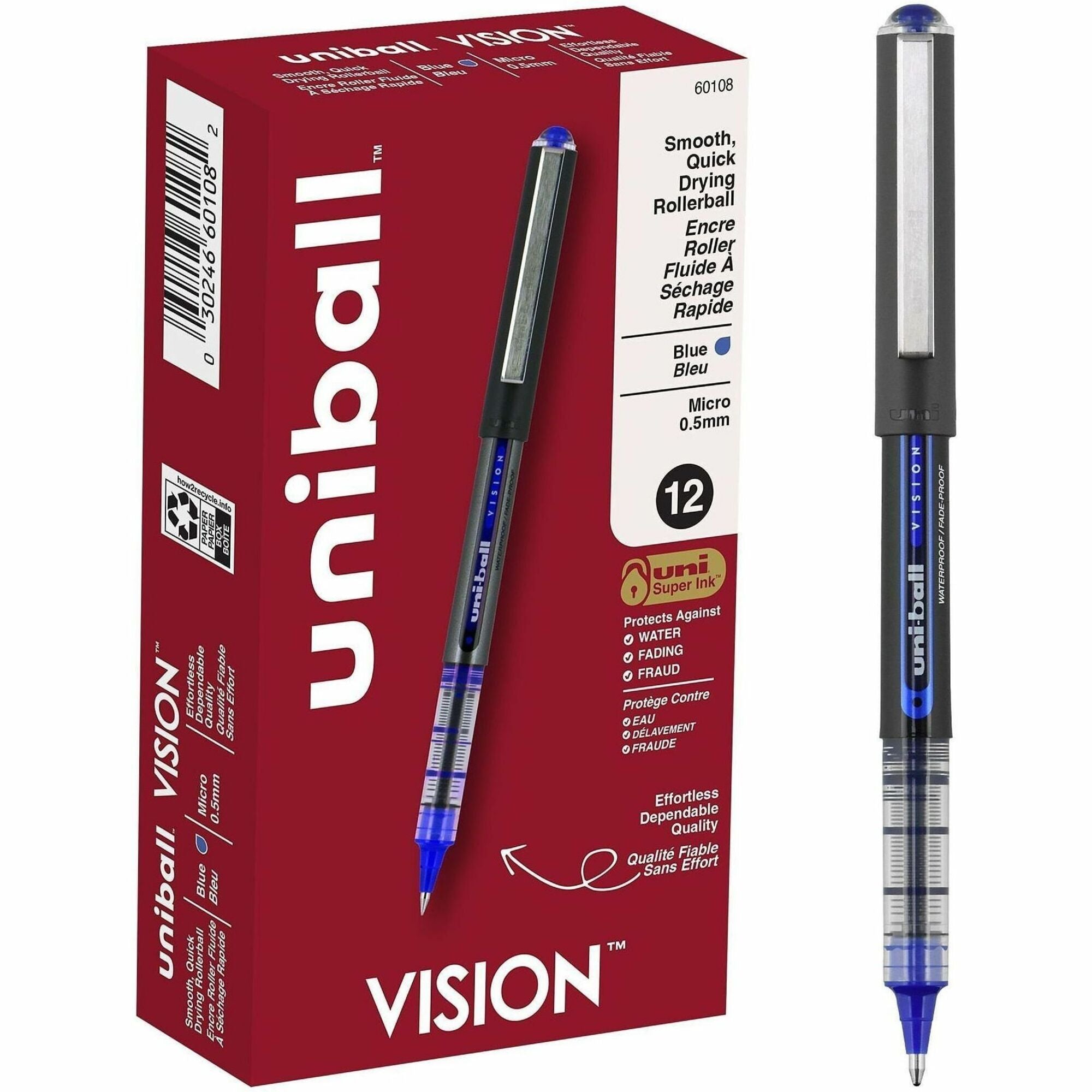 uni-ball - Vision Roller Ball Stick Water-Proof Pen, Blue Ink, Micro, Dozen, Sold as 1 DZ