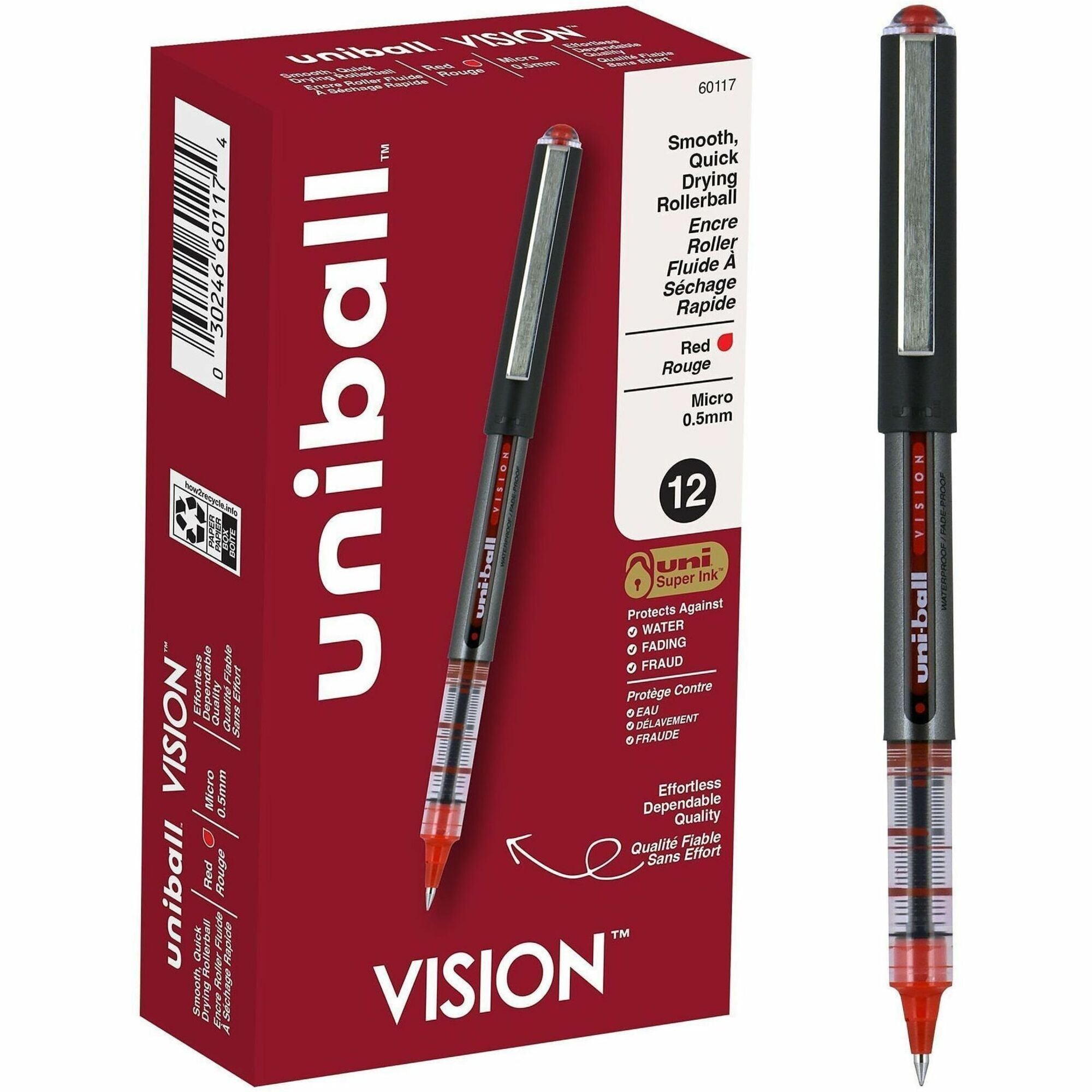 uni-ball - Vision Roller Ball Stick Water-Proof Pen, Red Ink, Micro, Dozen, Sold as 1 DZ