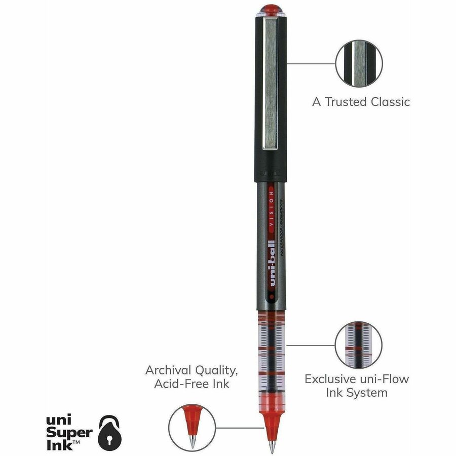 uni-ball - Vision Roller Ball Stick Water-Proof Pen, Red Ink, Micro, Dozen, Sold as 1 DZ