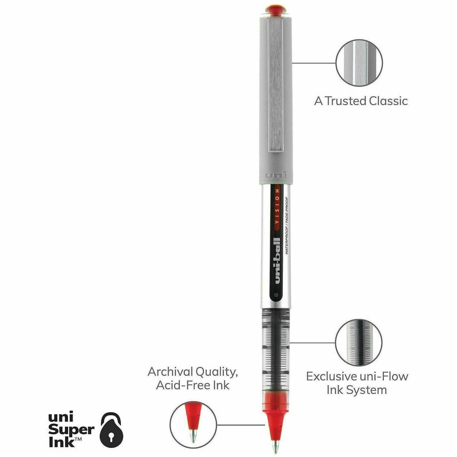 uni-ball - Vision Roller Ball Stick Water-Proof Pen, Red Ink, Fine, Dozen, Sold as 1 DZ
