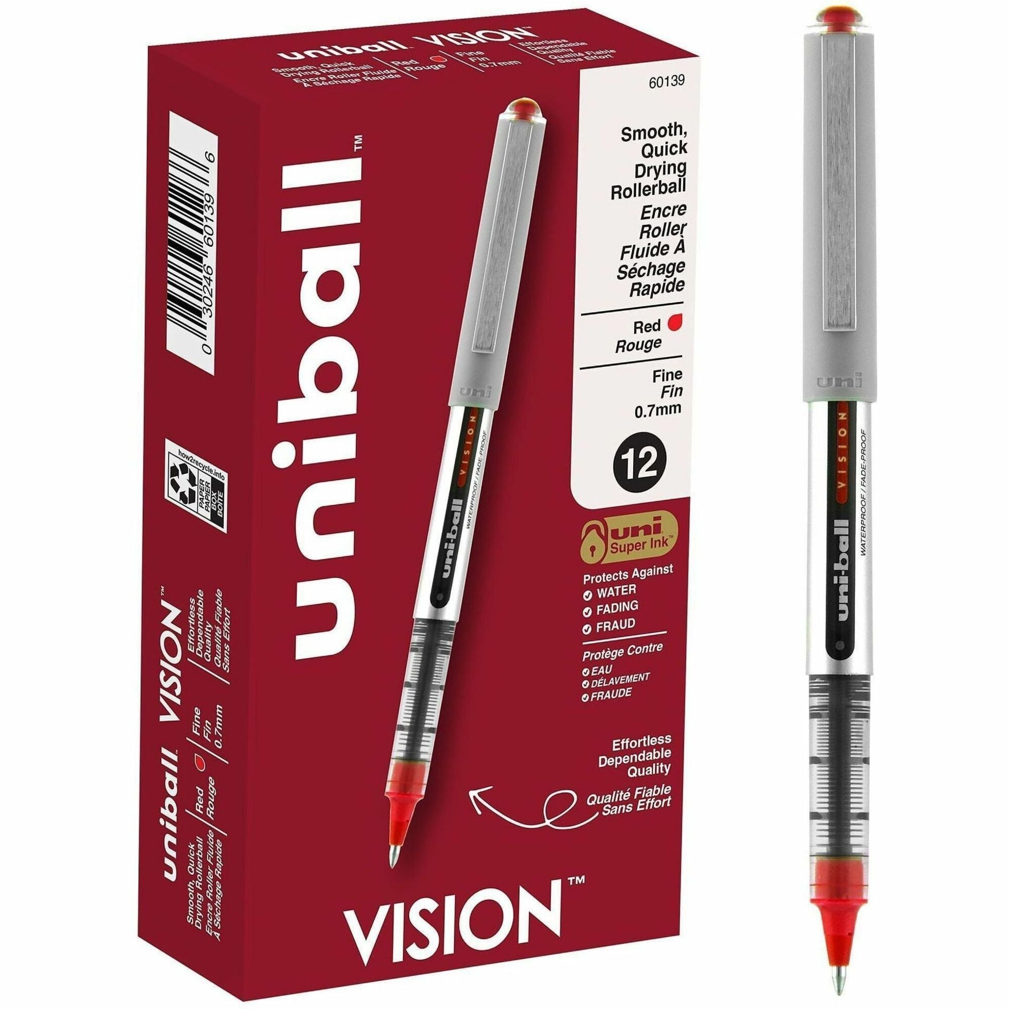 uni-ball - Vision Roller Ball Stick Water-Proof Pen, Red Ink, Fine, Dozen, Sold as 1 DZ