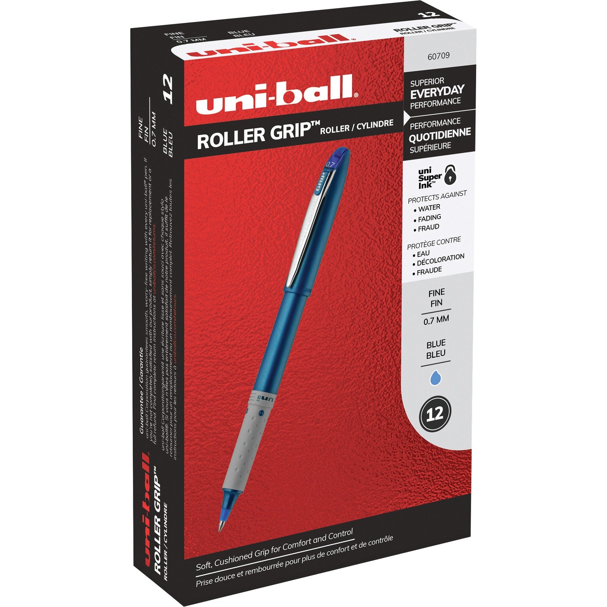 Grip Roller Ball Pen, Stick, Fine 0.7 mm, Blue Ink, Blue Barrel, Dozen - 1