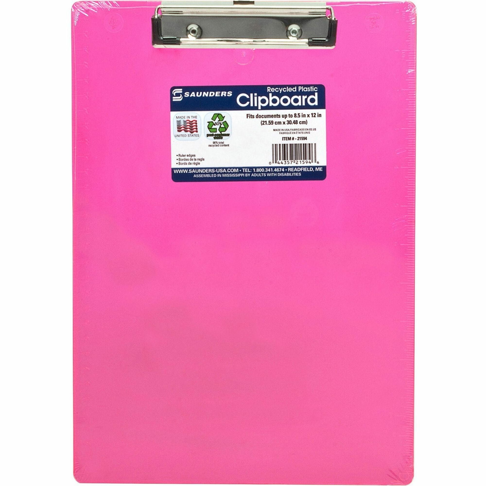 Saunders Neon Plastic Clipboards - 0.50" Clip Capacity - Plastic - Neon Pink - 1 Each - 
