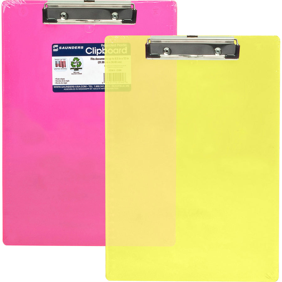 Saunders Neon Plastic Clipboards - 0.50" Clip Capacity - Plastic - Neon Yellow - 1 Each - 