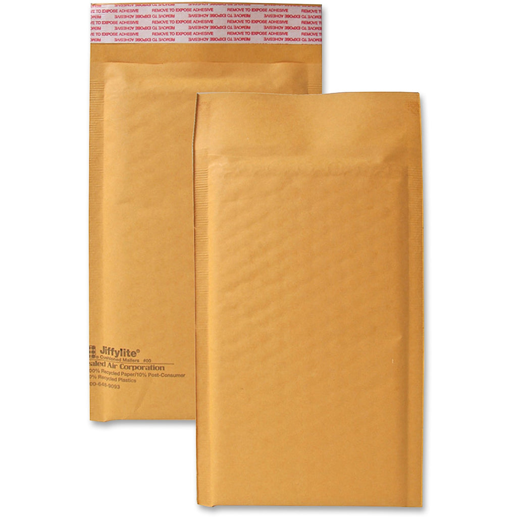 Jiffylite Self-Seal Bubble Mailer, #00, Barrier Bubble Air Cell Cushion, Self-Adhesive Closure, 5 x 10, Brown Kraft, 25/CT