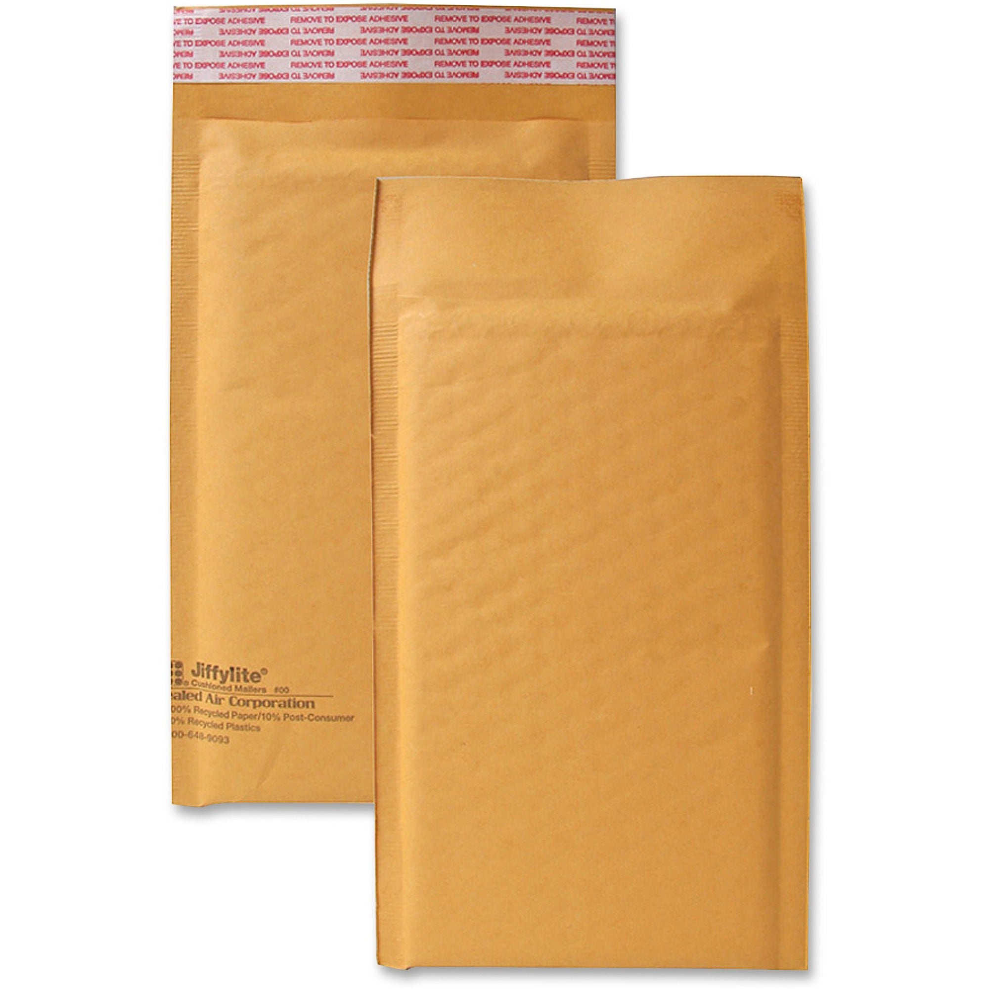 Jiffylite Self-Seal Bubble Mailer, #00, Barrier Bubble Air Cell Cushion, Self-Adhesive Closure, 5 x 10, Brown Kraft, 25/CT