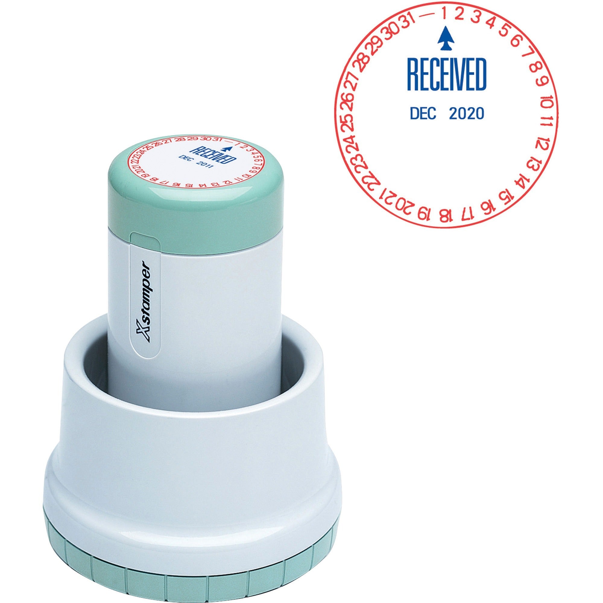 Xstamper XpeDater RECEIVED Rotary Dater - Message/Date Stamp - "RECEIVED" - 1.75" Impression Diameter - Red, Blue - 1 Each - 