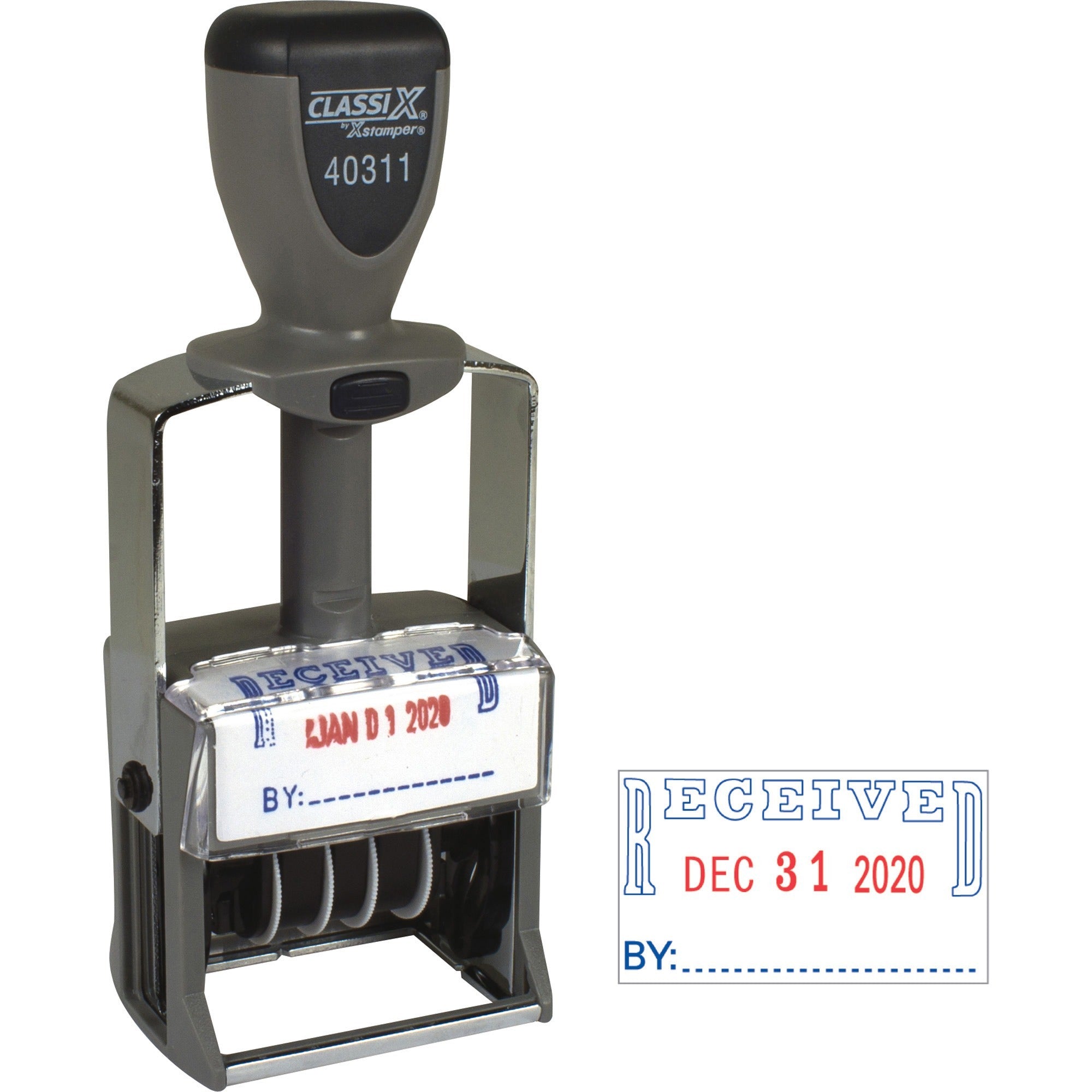 Xstamper Heavy-duty RECEIVED Self-Ink Dater - Message/Date Stamp - "RECEIVED" - Red, Blue - Metal, Plastic Metal - 1 Each - 