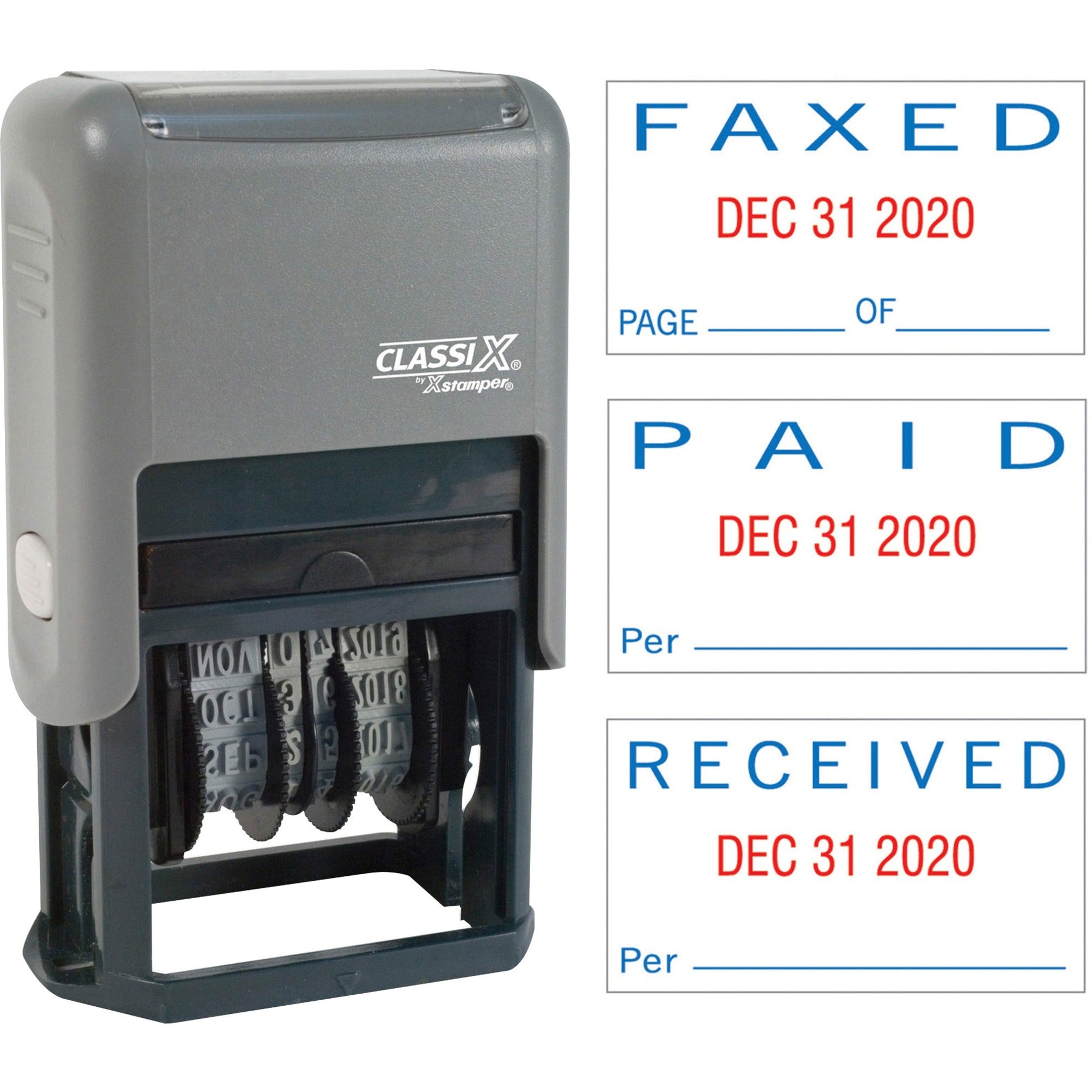 Xstamper Self-Inking Paid/Faxed/Received Dater - Message/Date Stamp - "PAID, FAXED, RECEIVED" - 0.93" Impression Width - Blue, Red - Plastic Plastic - 1 Each