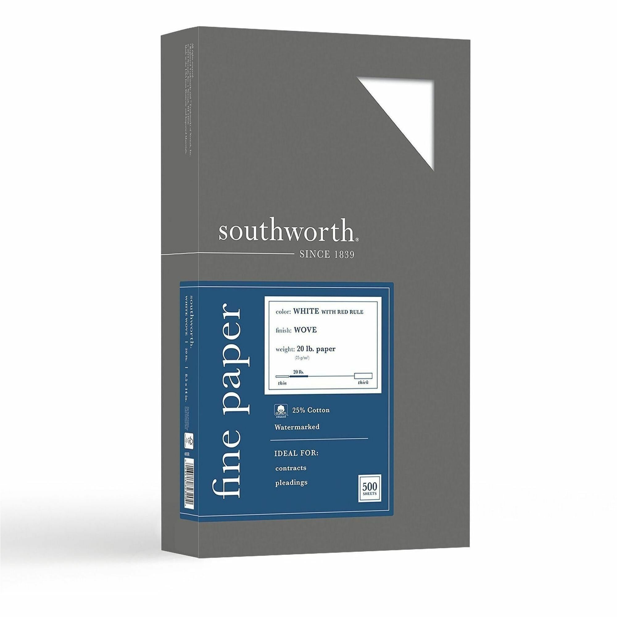 25% Cotton Business Paper, Ruled, 95 Bright, 20 lb Bond Weight, 8.5 x 14, White, 500 Sheets/Ream