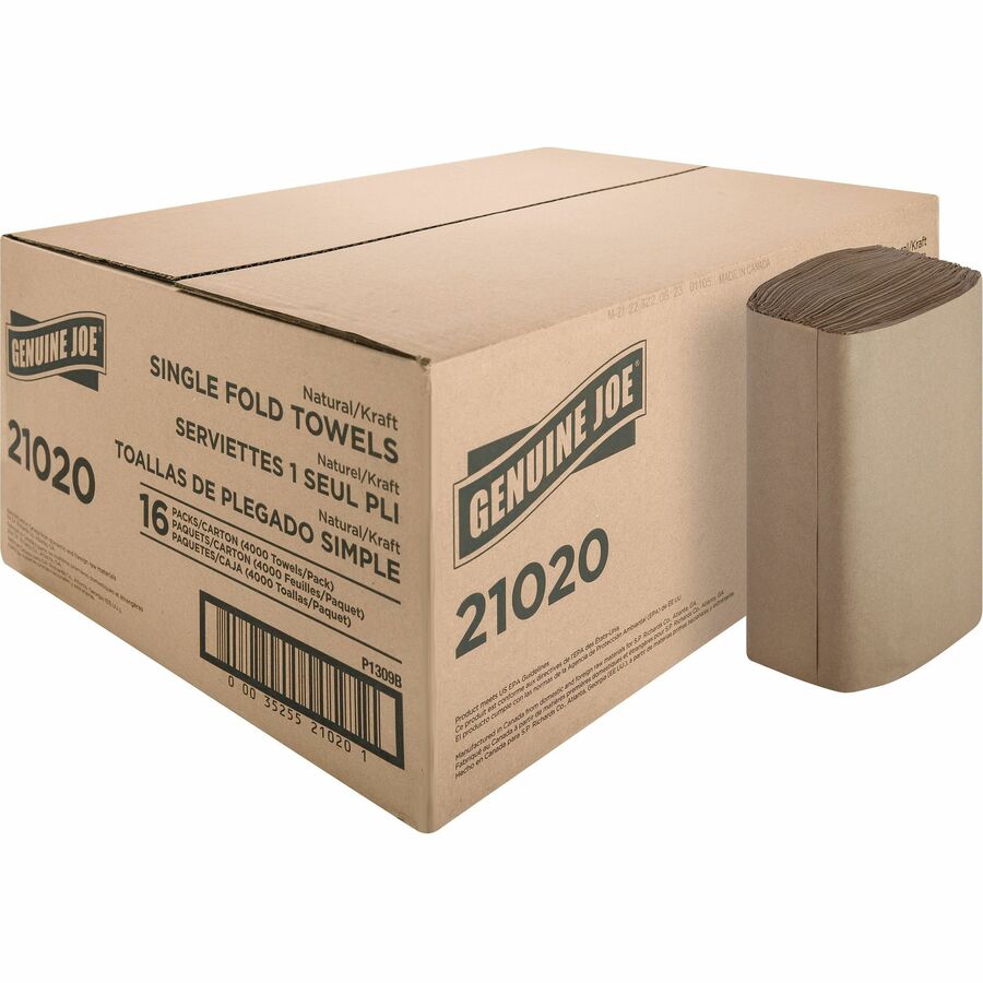 Genuine Joe Single-Fold Value Paper Towels - 1 Ply - 10.25" x 9.10" - Natural - Recyclable, Singlefold, Embossed - For Washroom, Restroom, Public Facilities, Industry, Education - 250 Per Pack - 16 / Carton