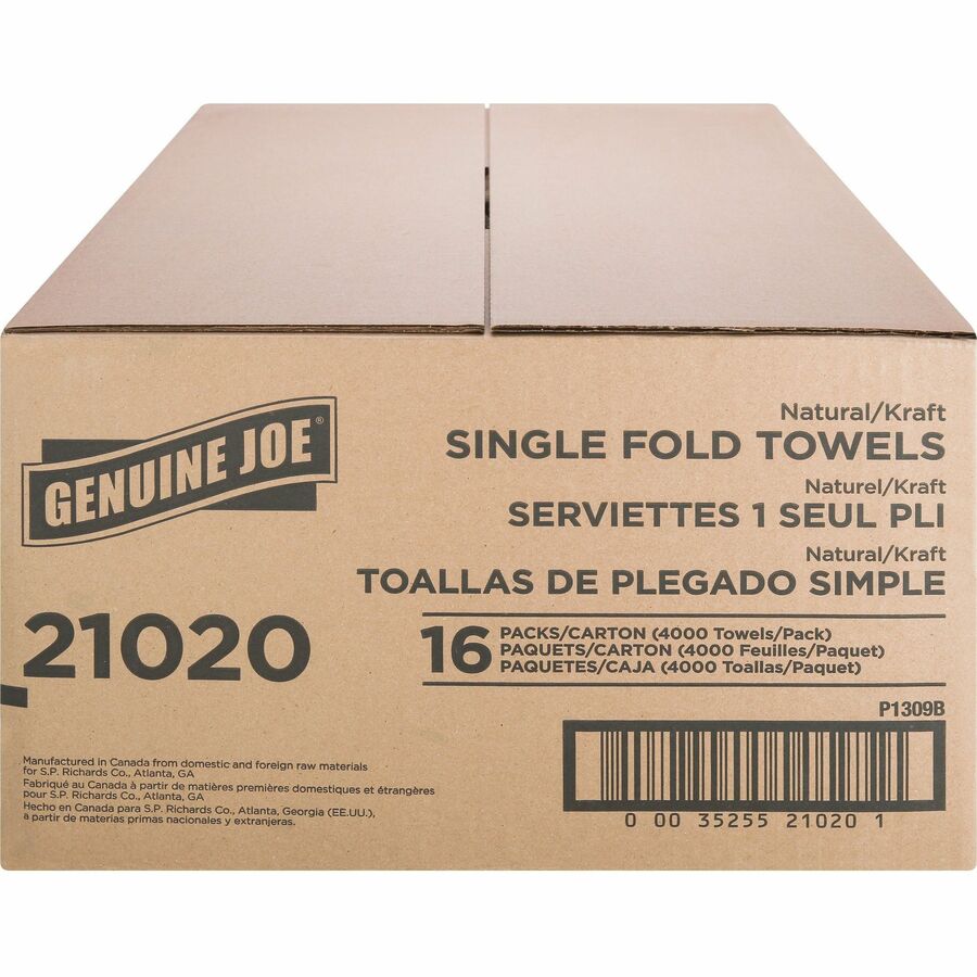 Genuine Joe Single-Fold Value Paper Towels - 1 Ply - 10.25" x 9.10" - Natural - Recyclable, Singlefold, Embossed - For Washroom, Restroom, Public Facilities, Industry, Education - 250 Per Pack - 16 / Carton - 