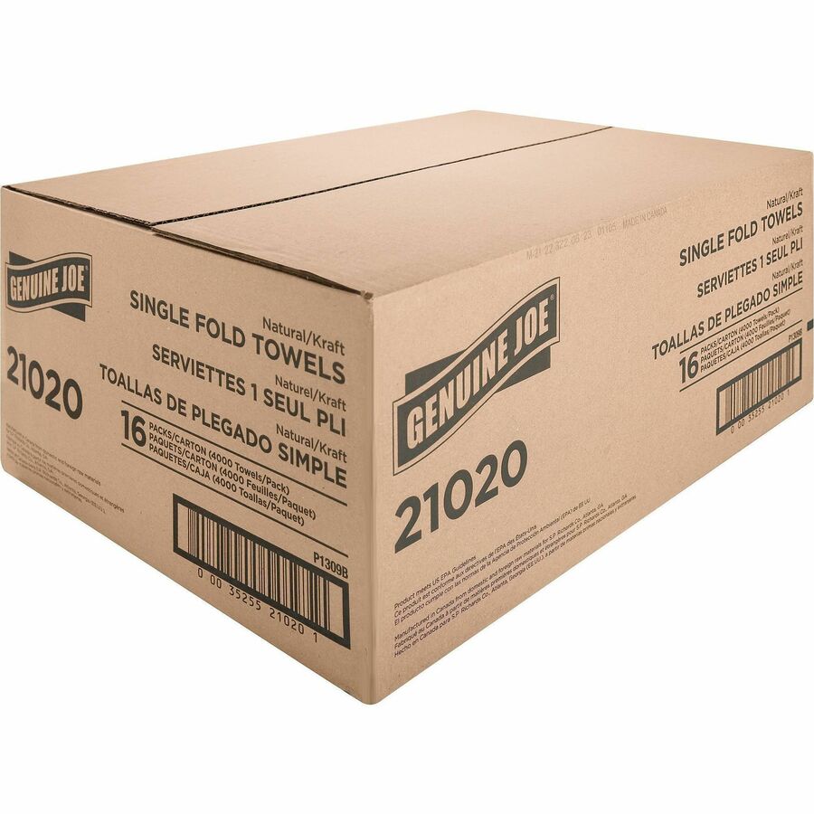 Genuine Joe Single-Fold Value Paper Towels - 1 Ply - 10.25" x 9.10" - Natural - Recyclable, Singlefold, Embossed - For Washroom, Restroom, Public Facilities, Industry, Education - 250 Per Pack - 16 / Carton
