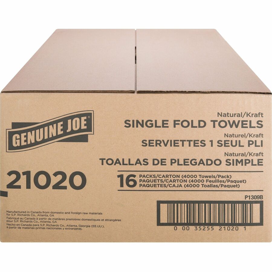 Genuine Joe Single-Fold Value Paper Towels - 1 Ply - 10.25" x 9.10" - Natural - Recyclable, Singlefold, Embossed - For Washroom, Restroom, Public Facilities, Industry, Education - 250 Per Pack - 16 / Carton
