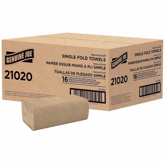 Genuine Joe Single-Fold Value Paper Towels - 1 Ply - 10.25" x 9.10" - Natural - Recyclable, Singlefold, Embossed - For Washroom, Restroom, Public Facilities, Industry, Education - 250 Per Pack - 16 / Carton