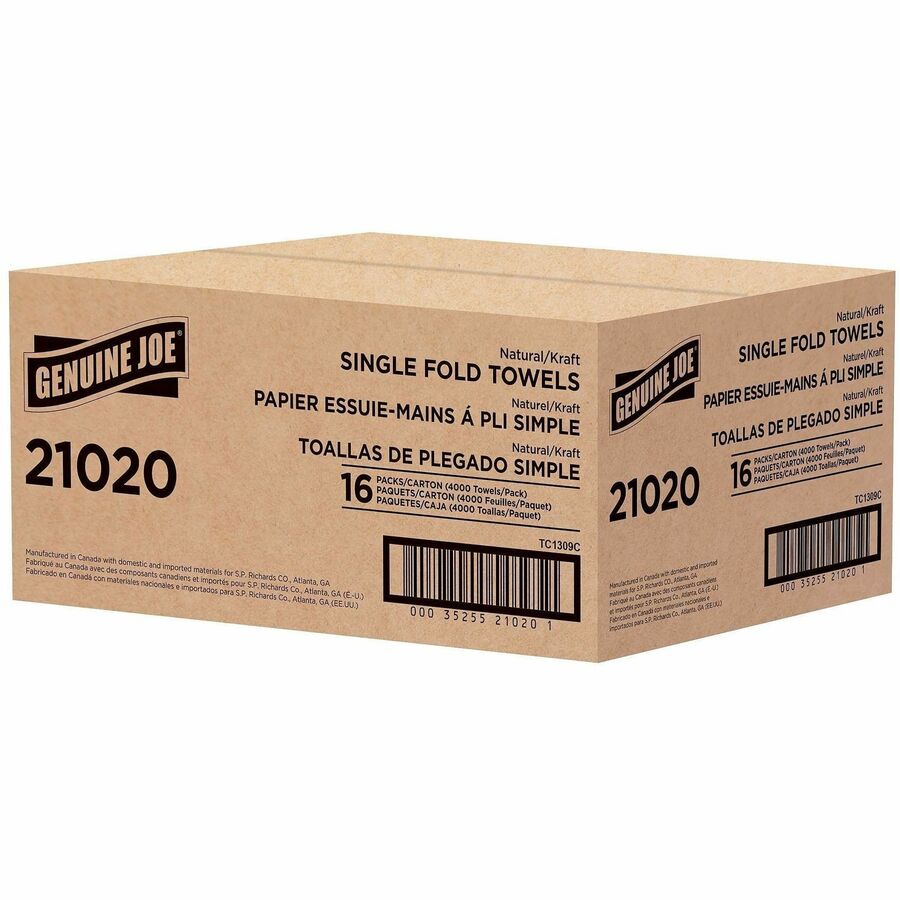 Genuine Joe Single-Fold Value Paper Towels - 1 Ply - 10.25" x 9.10" - Natural - Recyclable, Singlefold, Embossed - For Washroom, Restroom, Public Facilities, Industry, Education - 250 Per Pack - 16 / Carton