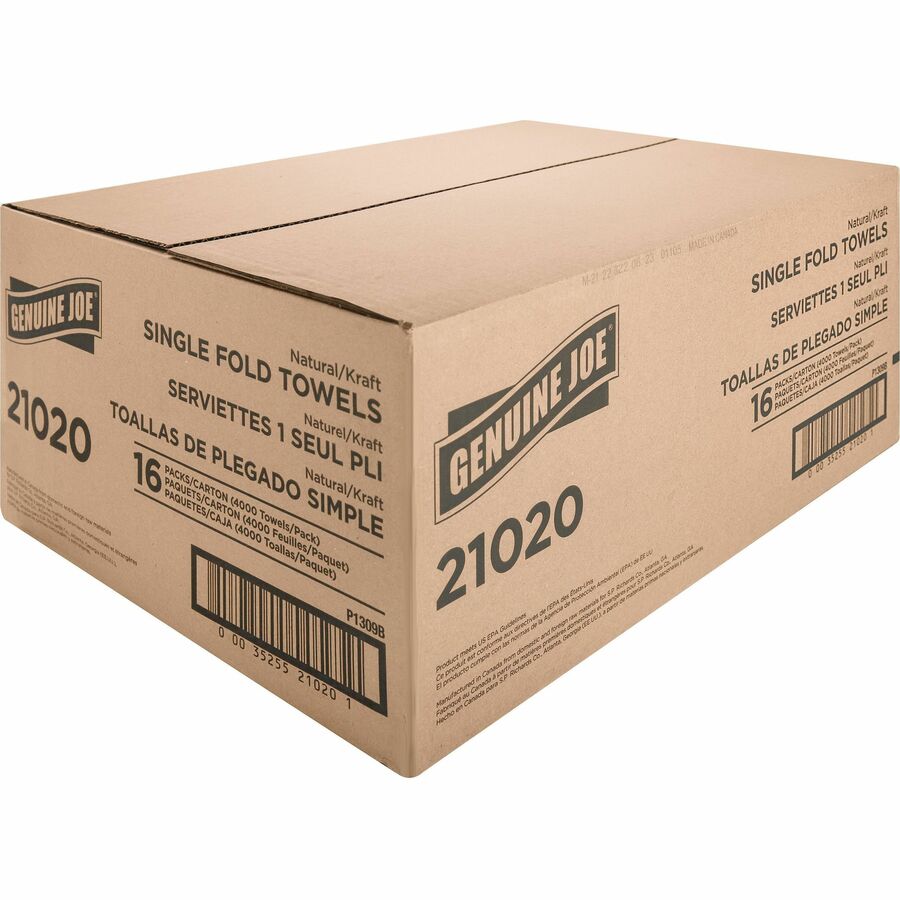 Genuine Joe Single-Fold Value Paper Towels - 1 Ply - 10.25" x 9.10" - Natural - Recyclable, Singlefold, Embossed - For Washroom, Restroom, Public Facilities, Industry, Education - 250 Per Pack - 16 / Carton
