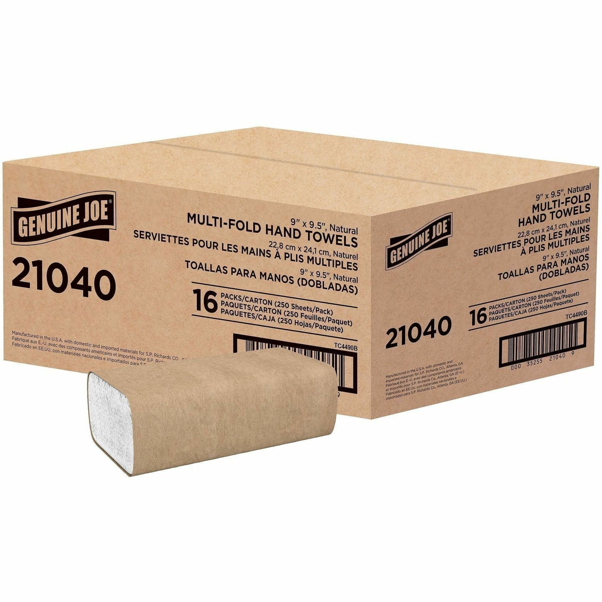 Genuine Joe Multifold Natural Towels - 1 Ply - Multifold - 9.25" x 9.40" - Natural - Paper - Chlorine-free, Interfolded, Embossed - For Restroom, Public Facilities, Commercial, Office, Breakroom, Kitchen - 250 Per Pack - 16 / Carton