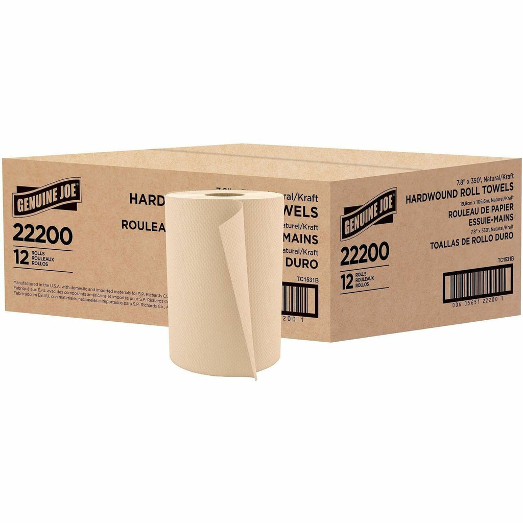 Genuine Joe Embossed Hardwound Roll Towels - 7.88" x 350 ft - 2" Core - Natural - Absorbent, Embossed - For Restroom - 12 / Carton
