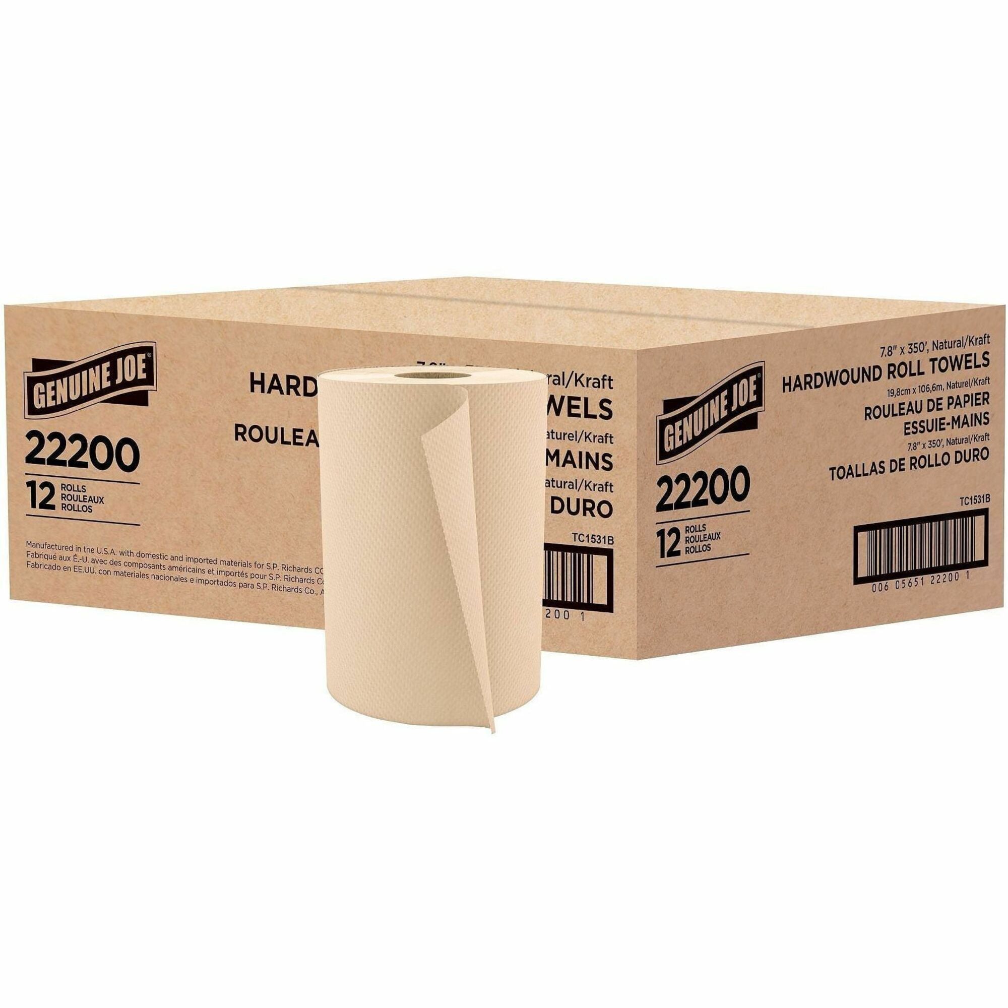Genuine Joe Embossed Hardwound Roll Towels - 7.88" x 350 ft - 2" Core - Natural - Absorbent, Embossed - For Restroom - 12 / Carton