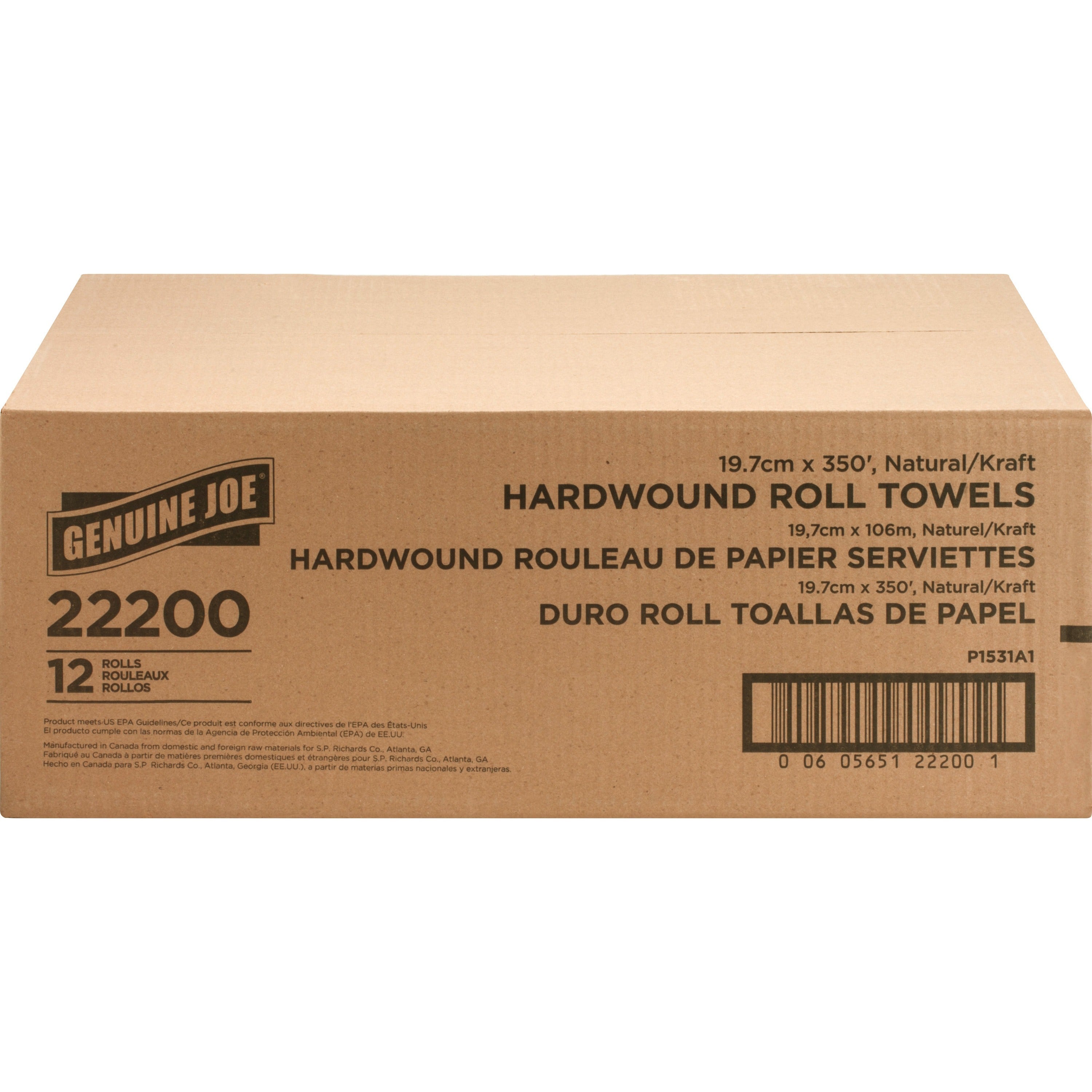 Genuine Joe Embossed Hardwound Roll Towels - 7.88" x 350 ft - 2" Core - Natural - Absorbent, Embossed - For Restroom - 12 / Carton - 