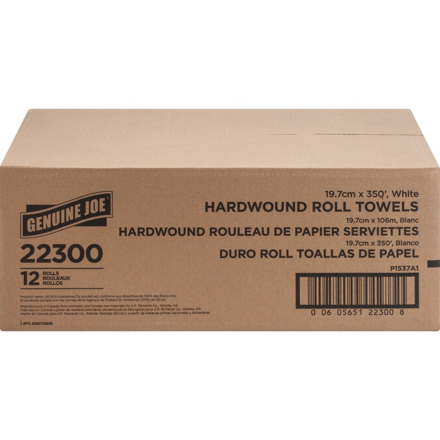 Genuine Joe Hardwound Roll Paper Towels - 7.88" x 350 ft - 2" Core - White - Absorbent, Embossed - For Restroom - 12 / Carton - 