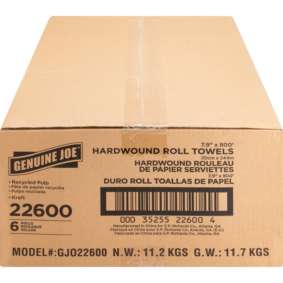 Genuine Joe Embossed Hardwound Roll Towels - 7.90" x 800 ft - 2" Core - Natural - Absorbent, Chlorine-free, Embossed - For Restroom - 6 / Carton
