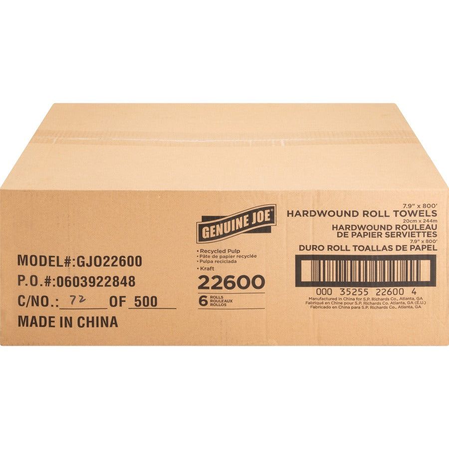 Genuine Joe Embossed Hardwound Roll Towels - 7.90" x 800 ft - 2" Core - Natural - Absorbent, Chlorine-free, Embossed - For Restroom - 6 / Carton