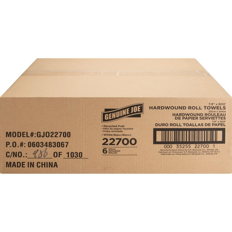 Genuine Joe Hardwound Roll Paper Towels - 7.90" x 800 ft - 2" Core - White - Absorbent, Chlorine-free, Embossed - For Restroom - 6 / Carton