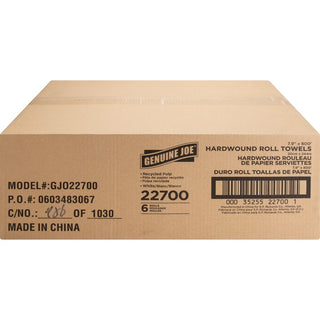 Genuine Joe Hardwound Roll Paper Towels - 7.90" x 800 ft - 2" Core - White - Absorbent, Chlorine-free, Embossed - For Restroom - 6 / Carton
