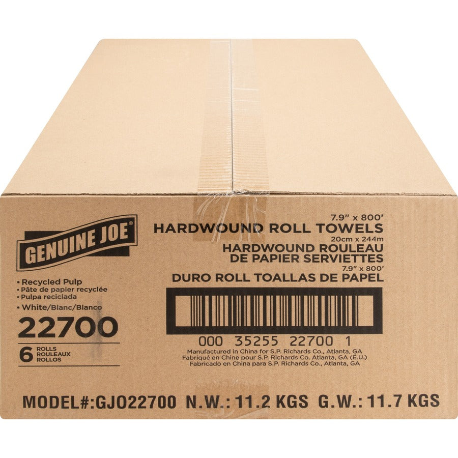 Genuine Joe Hardwound Roll Paper Towels - 7.90" x 800 ft - 2" Core - White - Absorbent, Chlorine-free, Embossed - For Restroom - 6 / Carton
