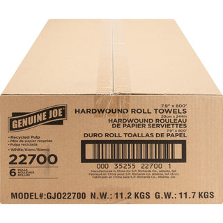 Genuine Joe Hardwound Roll Paper Towels - 7.90" x 800 ft - 2" Core - White - Absorbent, Chlorine-free, Embossed - For Restroom - 6 / Carton