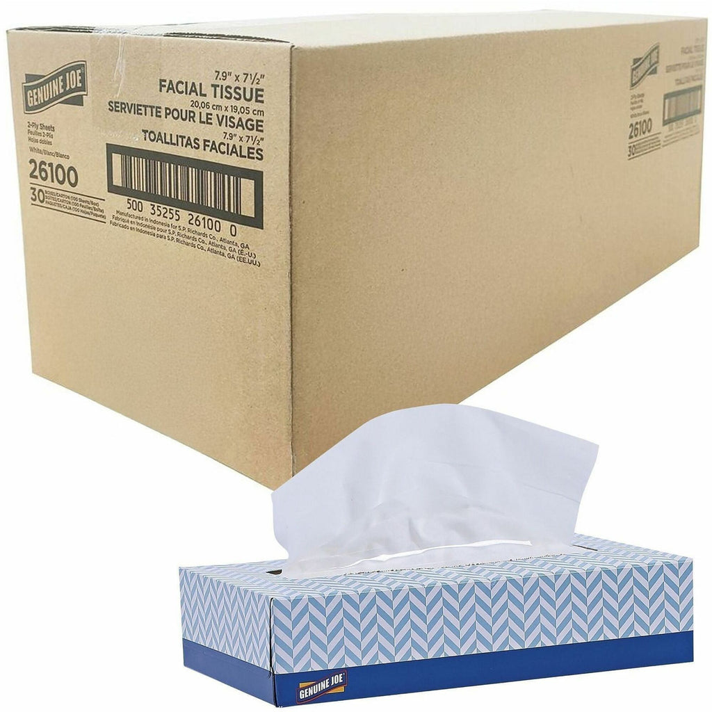 Genuine Joe Facial Tissue - 2 Ply - White - Soft - 100 Per Box - 30 / Carton