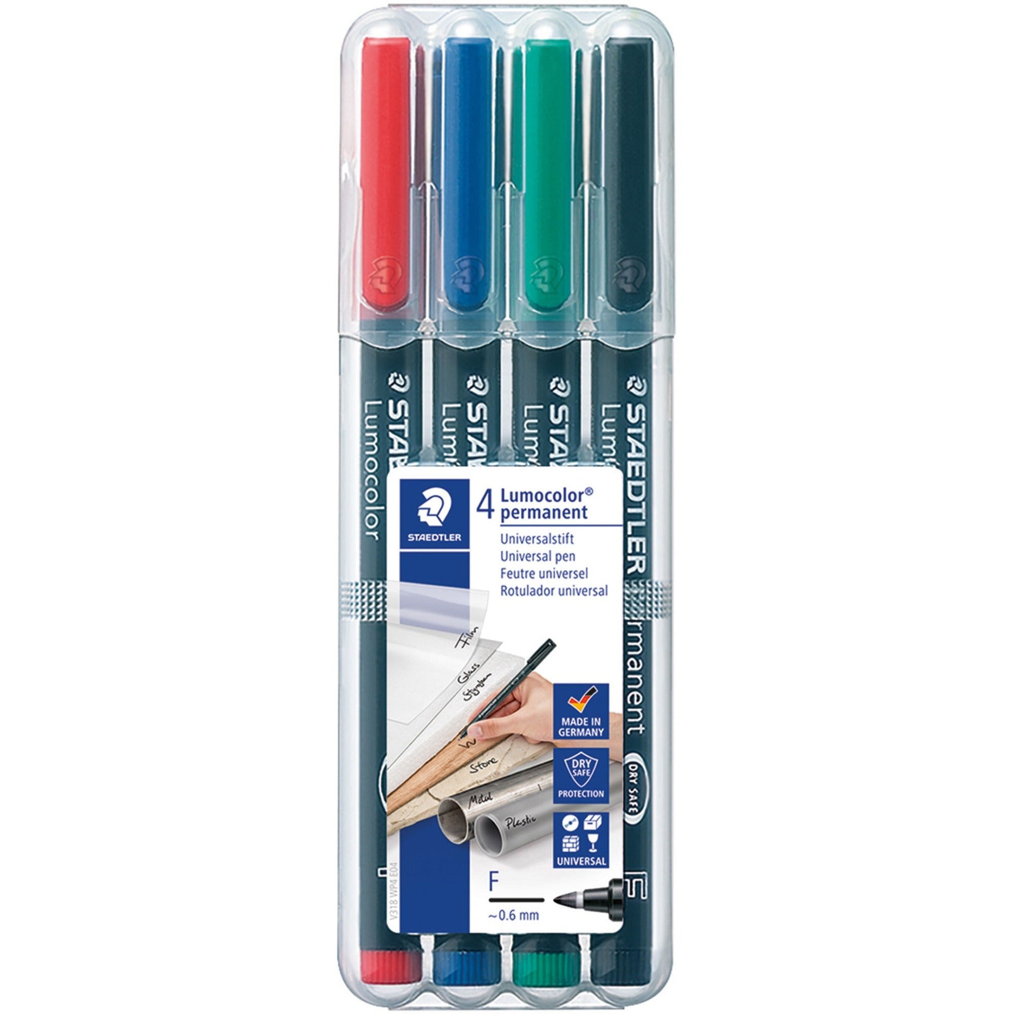 Lumocolor Quick-drying Fine Point Permanent Markers - Fine Marker Point - 0.6 mm Marker Point Size - Red, Blue, Green, Black - Black Polypropylene Barrel - 4 / Set - 