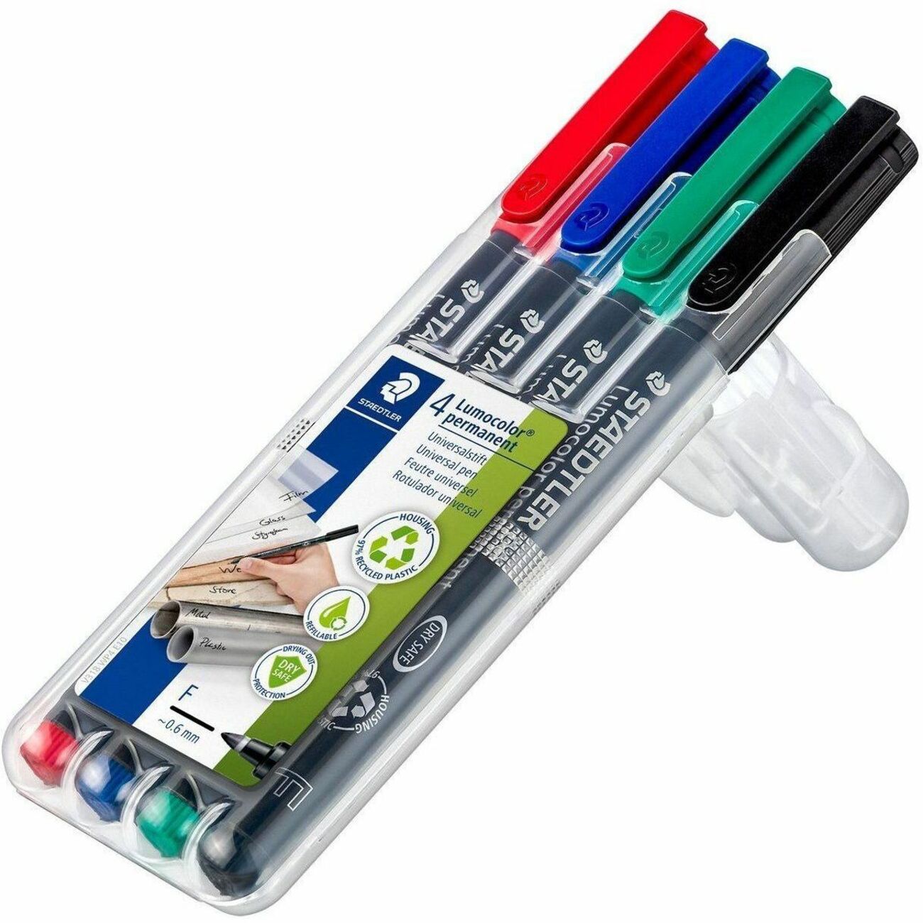 Lumocolor Quick-drying Fine Point Permanent Markers - Fine Marker Point - 0.6 mm Marker Point Size - Red, Blue, Green, Black - Black Polypropylene Barrel - 4 / Set