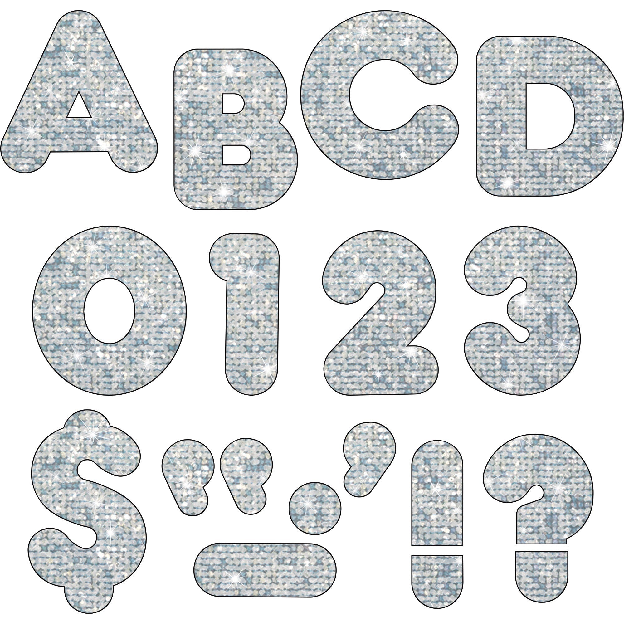 Trend 4" Sparkle Uppercase Ready Letters Set - 50 x Capital Letter, 10 x Number, 10 x Punctuation Marks Shape - Pin-up - Casual Style - 4" Height x 9" Length - Silver - Paper - 1 / Pack - 