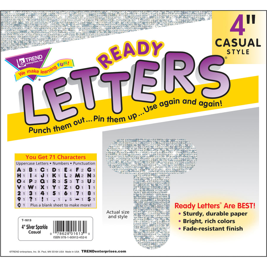 Trend 4" Sparkle Uppercase Ready Letters Set - 50 x Capital Letter, 10 x Number, 10 x Punctuation Marks Shape - Pin-up - Casual Style - 4" Height x 9" Length - Silver - Paper - 1 / Pack - 