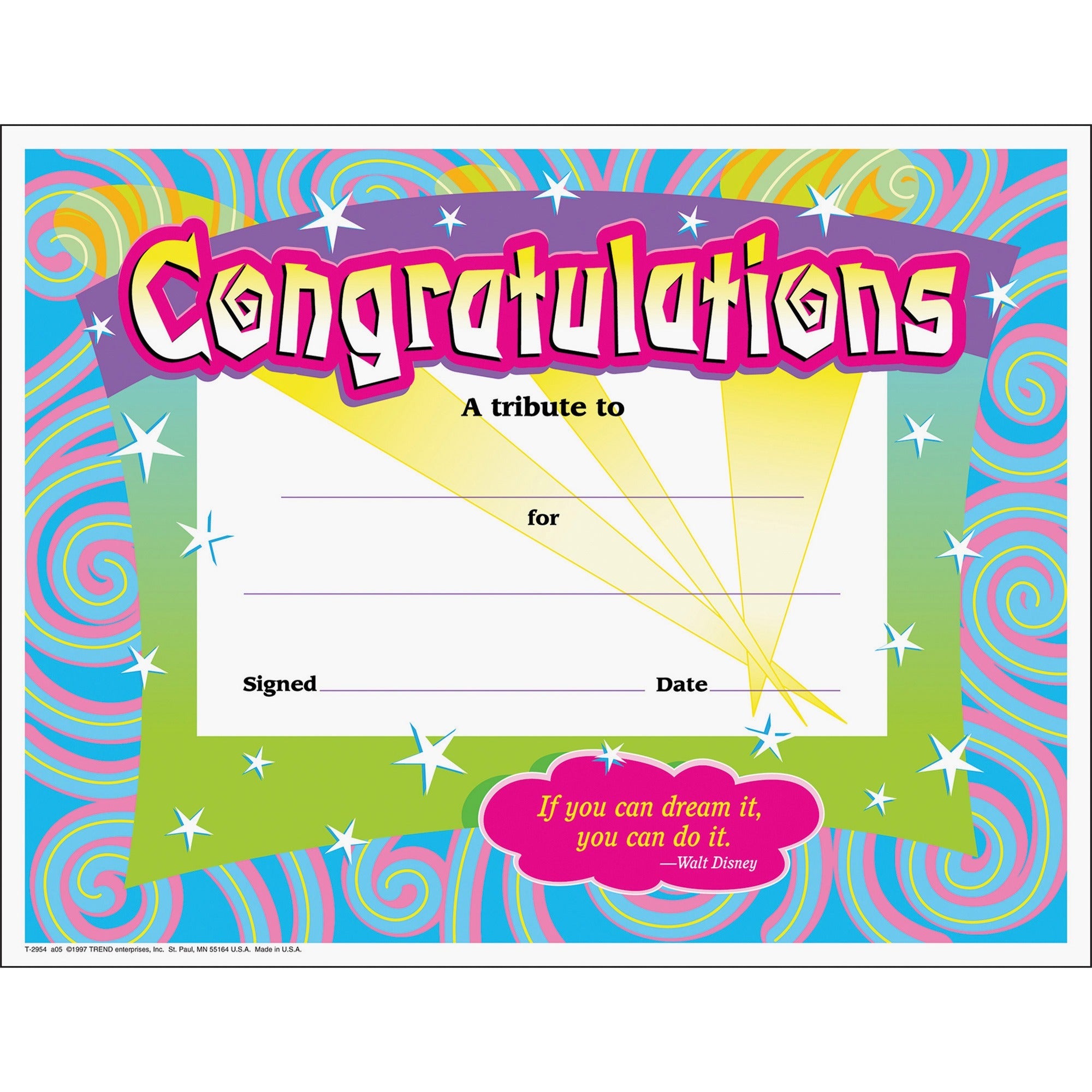Congratulations Colorful Classic Certificates, 11 x 8.5, Horizontal Orientation, Assorted Colors with White Border, 30/Pack