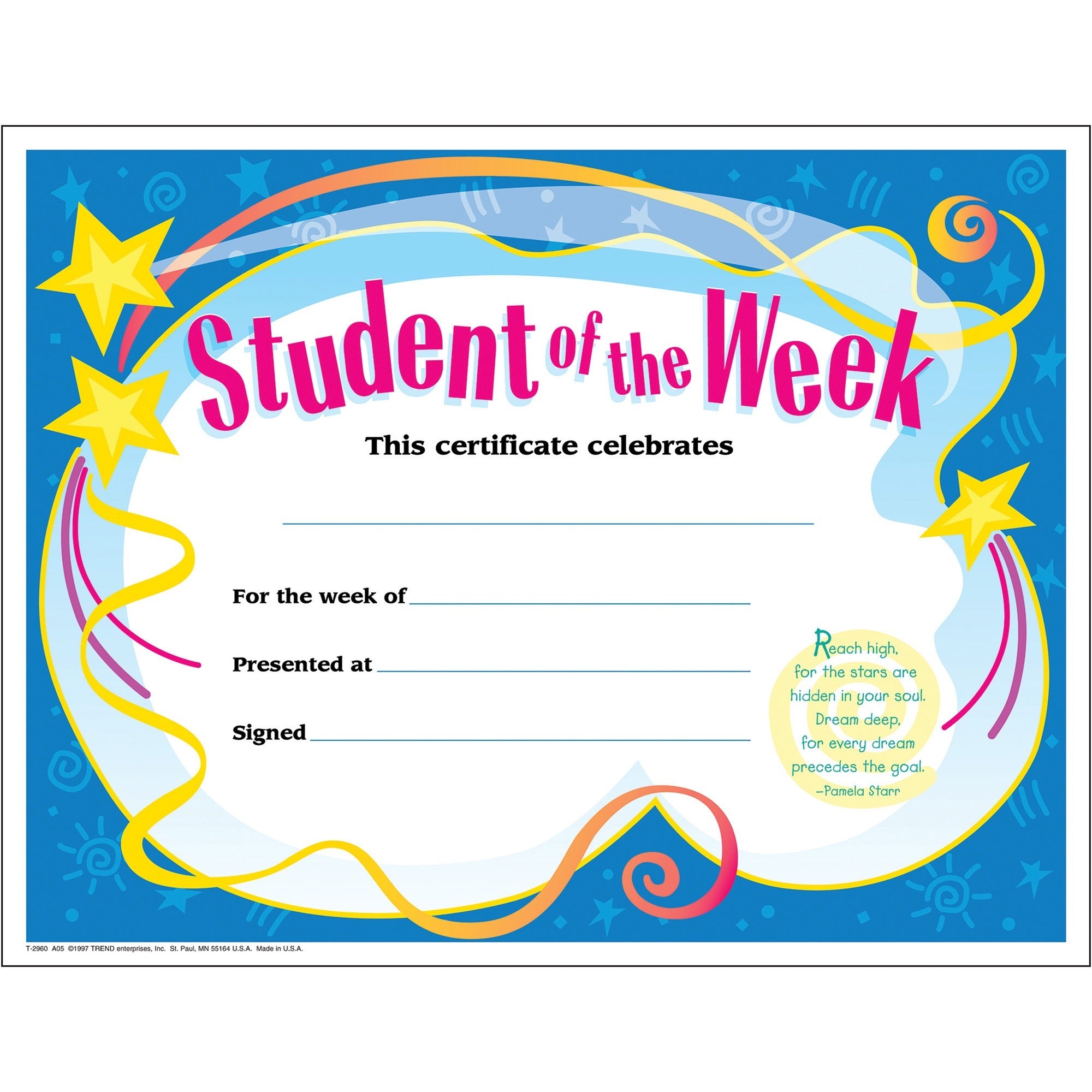 Trend Student of The Week Award Certificate - "Student of the Week" - 8.5" x 11" - 30 / Pack - 