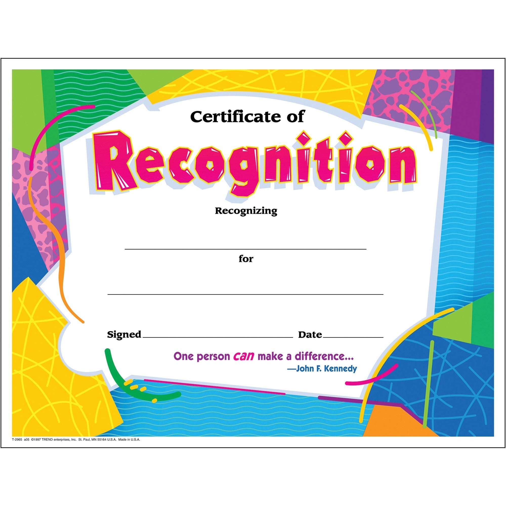Certificate of Recognition Awards, 11 x 8.5, Horizontal Orientation, Assorted Colors with White Border, 30/Pack