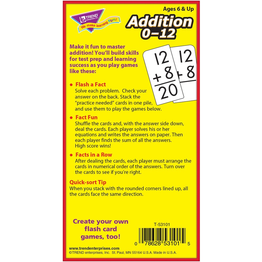 Skill Drill Flash Cards, Addition, 3 x 6, Black and White, 91/Pack